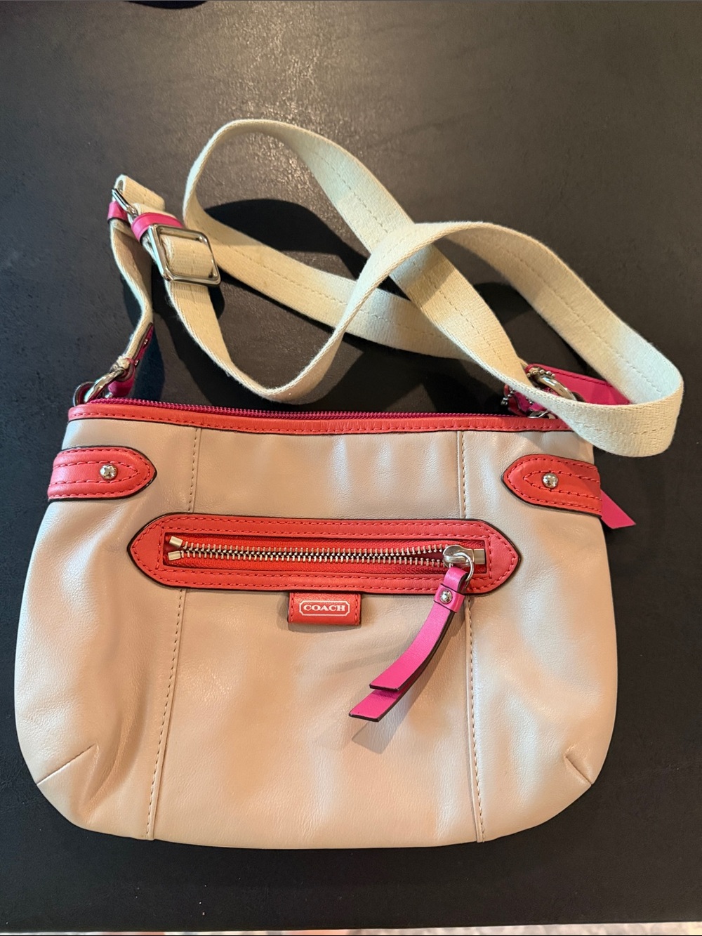Coach Beige Leather Crossbody with Pink Trim